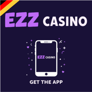 EZZ Casino Logo mit einem Handy und dem Text „App holen“, als Symbol für das mobile App-Angebot des Casinos.