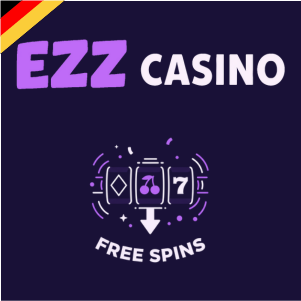 EZZ Casino Logo mit einem Spielautomaten und dem Schriftzug „Freispiele“, als Symbol für ein Freispiele-Angebot.