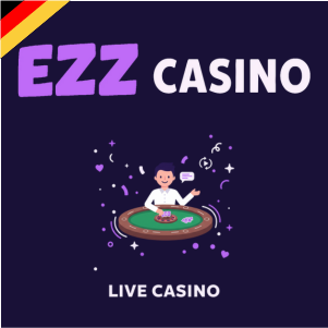 EZZ Casino Logo mit einem Live-Dealer an einem Spieltisch und dem Schriftzug „Live Casino“, der die Live Dealer Spiele des Casinos zeigt.