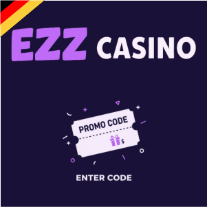 EZZ Casino Logo mit einem Gutscheincode und dem Text „Code eingeben“, als Symbol für ein Bonusangebot.