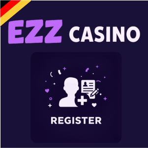 EZZ Casino Logo mit einem Registrierungs-Symbol, das eine Person und ein Dokument mit einem Pluszeichen zeigt – steht für den Registrierungsprozess des Casinos.