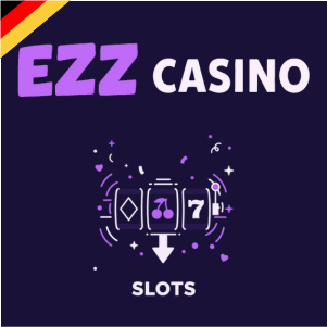 EZZ Casino Logo mit einem Spielautomaten-Symbol und dem Schriftzug „Slots“, das die Spielautomaten-Auswahl des Casinos zeigt.