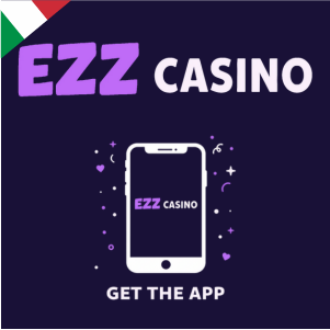 Logo EZZ Casino con uno smartphone e la scritta "Ottieni l’App", a simboleggiare l’offerta dell’app mobile del casinò.
