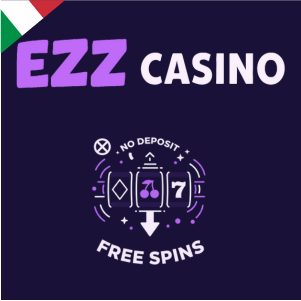 Logo di EZZ Casino con una slot machine e la scritta 'Giri Gratis Senza Deposito', a simboleggiare un'offerta di free spins senza deposito.