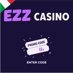 Logo di EZZ Casino con un codice promozionale e la scritta 'Inserisci Codice', a simboleggiare un'offerta con codice promo.