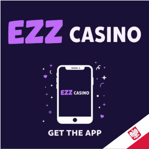 Logo EZZ Casino z telefonem komórkowym i napisem „Pobierz aplikację”, symbolizujące ofertę mobilnej aplikacji kasyna.