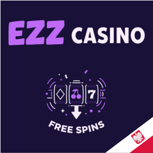 Logo EZZ Casino z automatem do gry i napisem „Darmowe spiny”, symbolizujące ofertę darmowych obrotów.