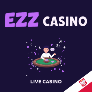 Logo EZZ Casino z krupierem przy stole oraz napisem „Kasyno na żywo”, symbolizujące gry z krupierem na żywo w tym kasynie.