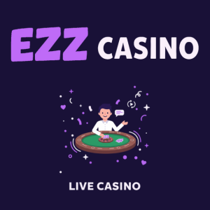 EZZ Casino logo with a live dealer at a casino table and 'Live Casino' text, representing the casino’s live dealer games.