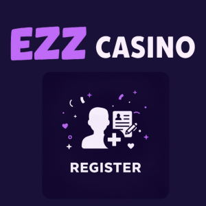 EZZ Casino logo with a registration icon, featuring a person and a document with a plus symbol, representing the casino's registration process.