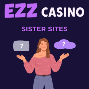 EZZ Casino logo with a person holding two question marks, symbolizing the concept of EZZ Casino sister sites.